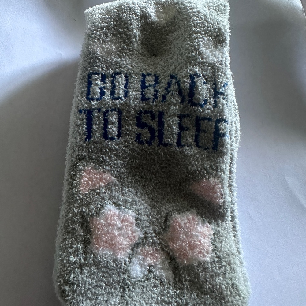 Fuzzy Gray Socks with Pink and Blue Design